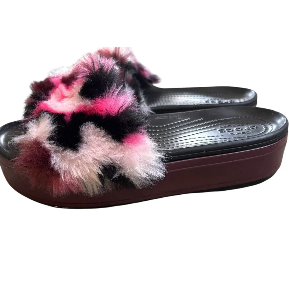 Crocs CB Pink Black Fuzzy Platform So Luxe Slide sandal Summer Women's‎ size 9